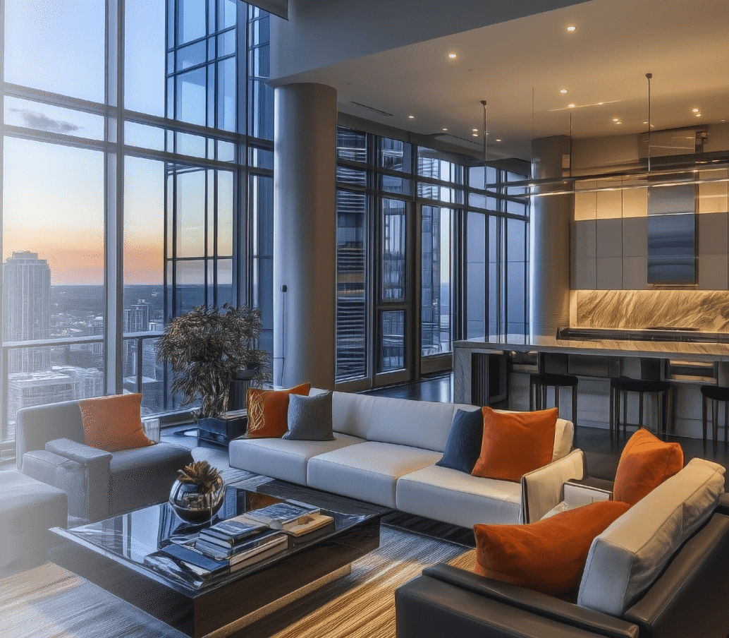 夕景の高層マンションのリビングダイニング