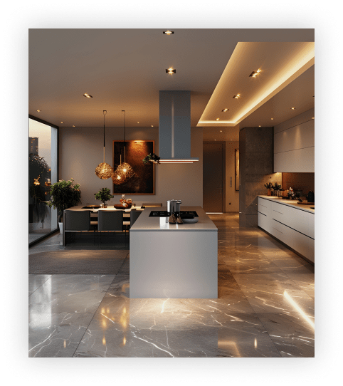 上質なラウンジのインテリア(大理石フロアとダウンライト)