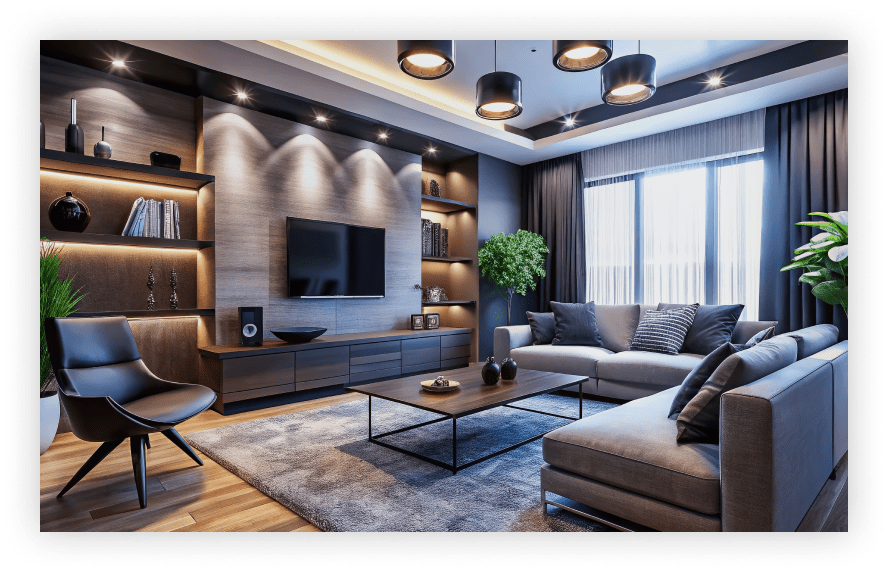 木調の壁面収納とソファがある落ち着いたリビング