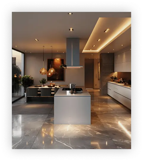 上質なラウンジのインテリア（大理石フロアとダウンライト）